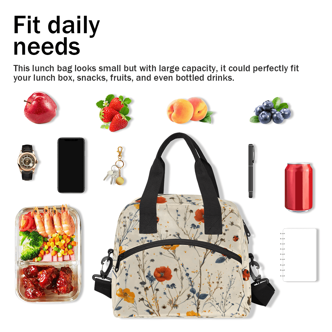 Herdesigns Floral Print Insulated Lunch Bag for Women Men Adults Large Reusable Lunch Box Leakproof Portable Cooler Tote Bags with Adjustable Shoulder Strap