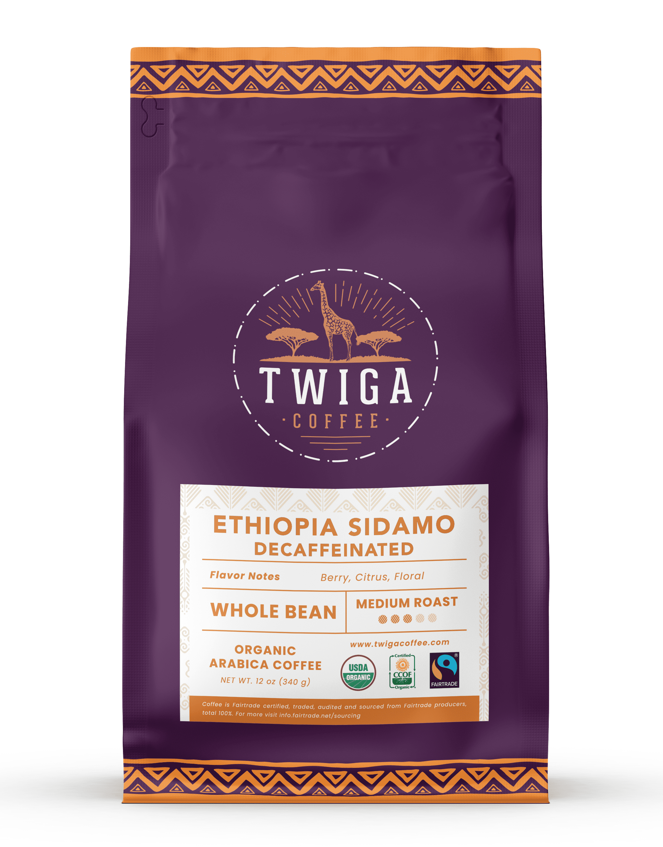Decaffeinated Ethiopia Sidamo Coffee | USDA Organic | Fairtrade | Medium Roast | Whole Bean | 12 oz | Twiga Coffee