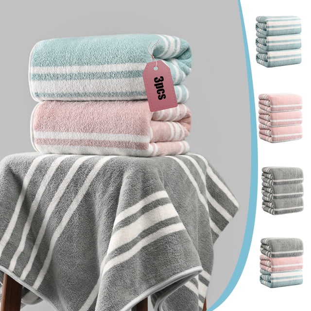 Juego de toallas de baño de 3 piezas - Toallas de poliéster suave absorbente de 34x76 cm para baño, spa y gimnasio - azul, rosa, gris o multicolor