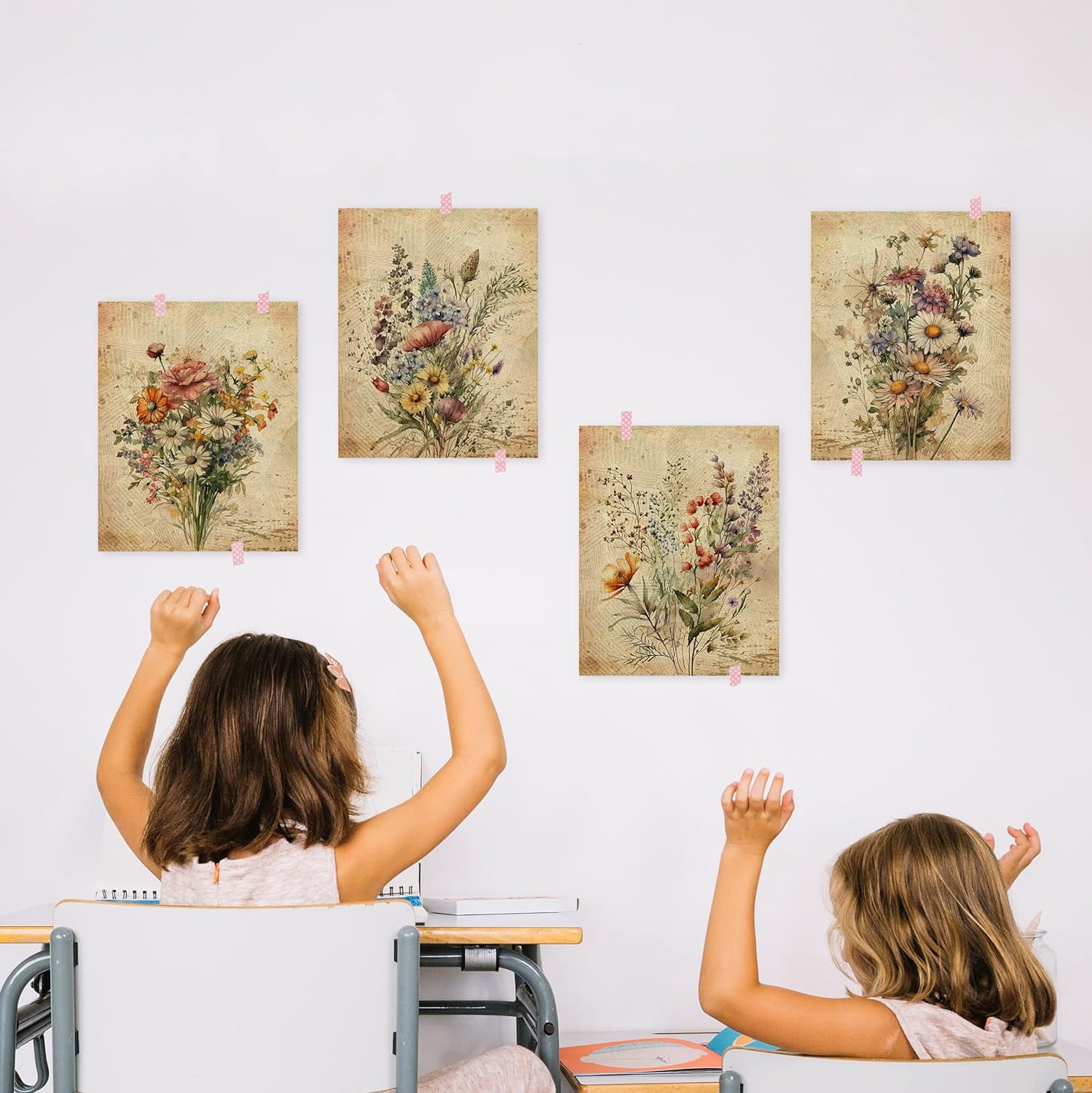 Vintage Floral Wall Art Poster Prints Set of 4, Retro Floral Wall