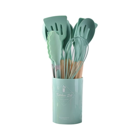 

COFEST Kitchen Utensils & Gadgets Wooden Handle Silicone Kitchenware Set 12 Piece Round Barrel Set Non Stick Pot Cooking Spoon Kitchen Tools Green A