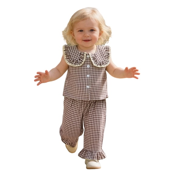 Gbsyewxs Girls Outfits Set 2 Piece Crew Neck Sleeveless Plaid Print Tops And Pants Set Comfortable Summer Baby Girl Clothes Size 12-18 Months Brown