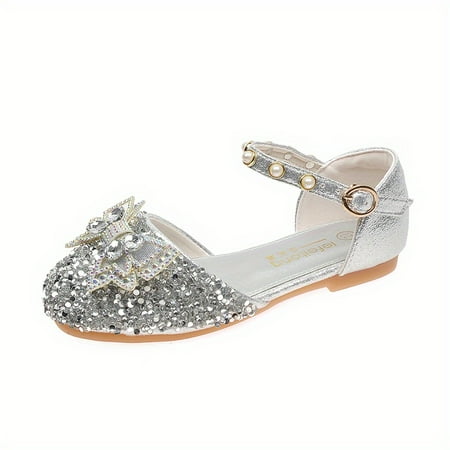 

Toddler Children Girls Flat Rhinestones Shoes Dress Shoes With Bow And Pearl Decor For Spring And Summer