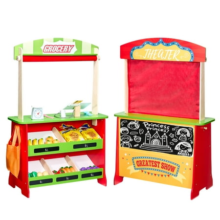 VEVOR Wooden Puppet Theater with Curtains 2-in-1 Reversible Play Store Double-Sided Grocery Store Playset with Chalkboard & Cash Register Kids Pretend Play Market Stand Gift for Boys & Girls
