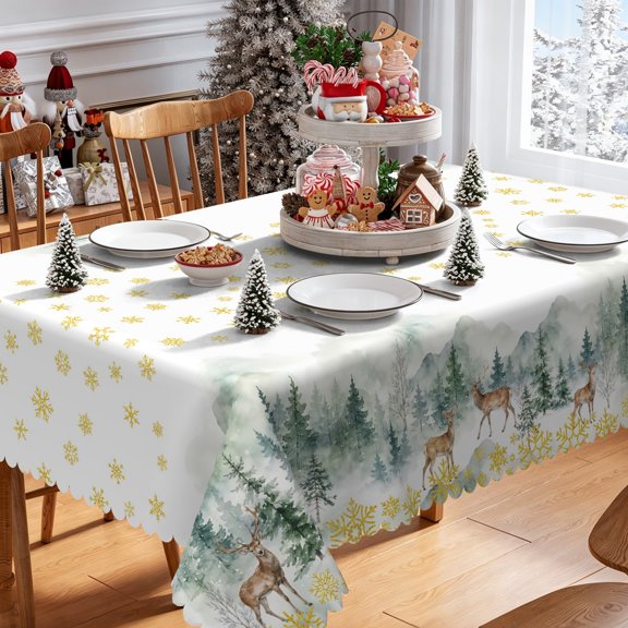 Christmas Rectangle Tablecloth Winter Forest Woodland Deer Gold Snowflakes Natural Table Cover for Holiday Party Dinner 60"W x 84"L