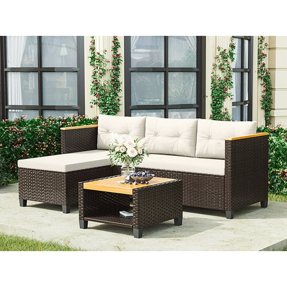 Heynemo Outdoor Patio Furniture Set with Storage Table and Cushions, 3 Pieces Rattan Conversation Set for Balcony, Porch, Deck