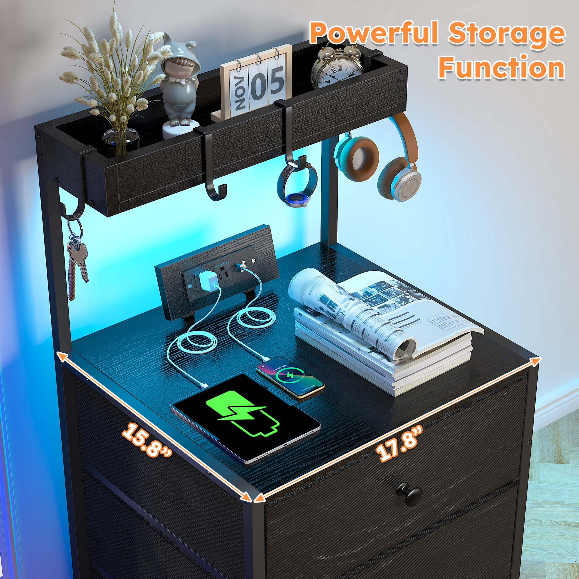 Romorgniz Set of 2 Tall Nightstands with Charging Station,LED Lights,3 Drawers & 4 Hooks,Bedside Tables with Outlets for Bedroom,Black