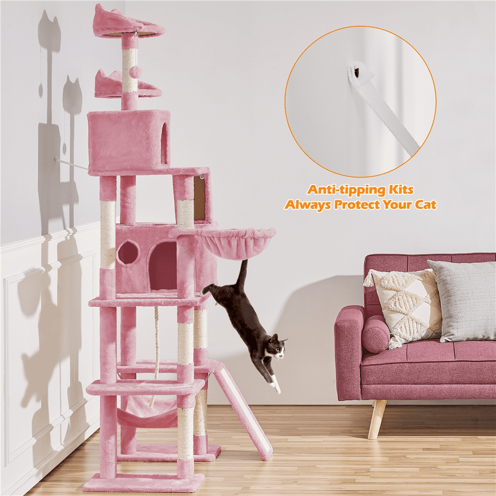 Alden Design 82.5" H Multi Level Cat Tree with 2 Cozy Condos and Basket, Pink