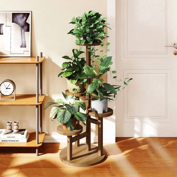 4-Tier Wooden Plant Stand - Indoor/Outdoor Corner Shelf For Multiple Plants, Round Flower Holder For Living Room/Patio
