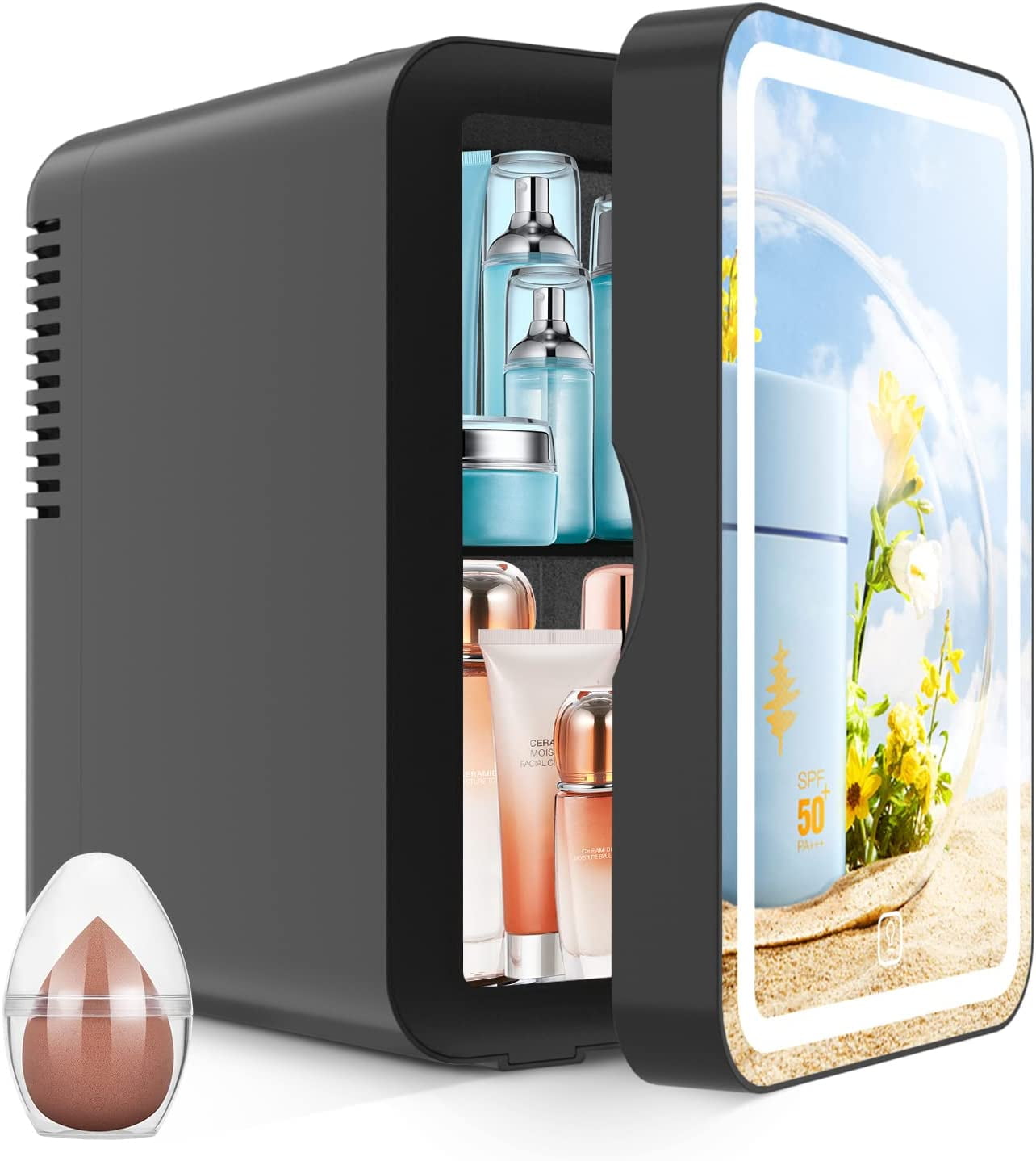 BATE 6L LED Lighted Mini Fridge with Mirror, Cool & Heat, Portable Desk Cosmetic Refrigerator