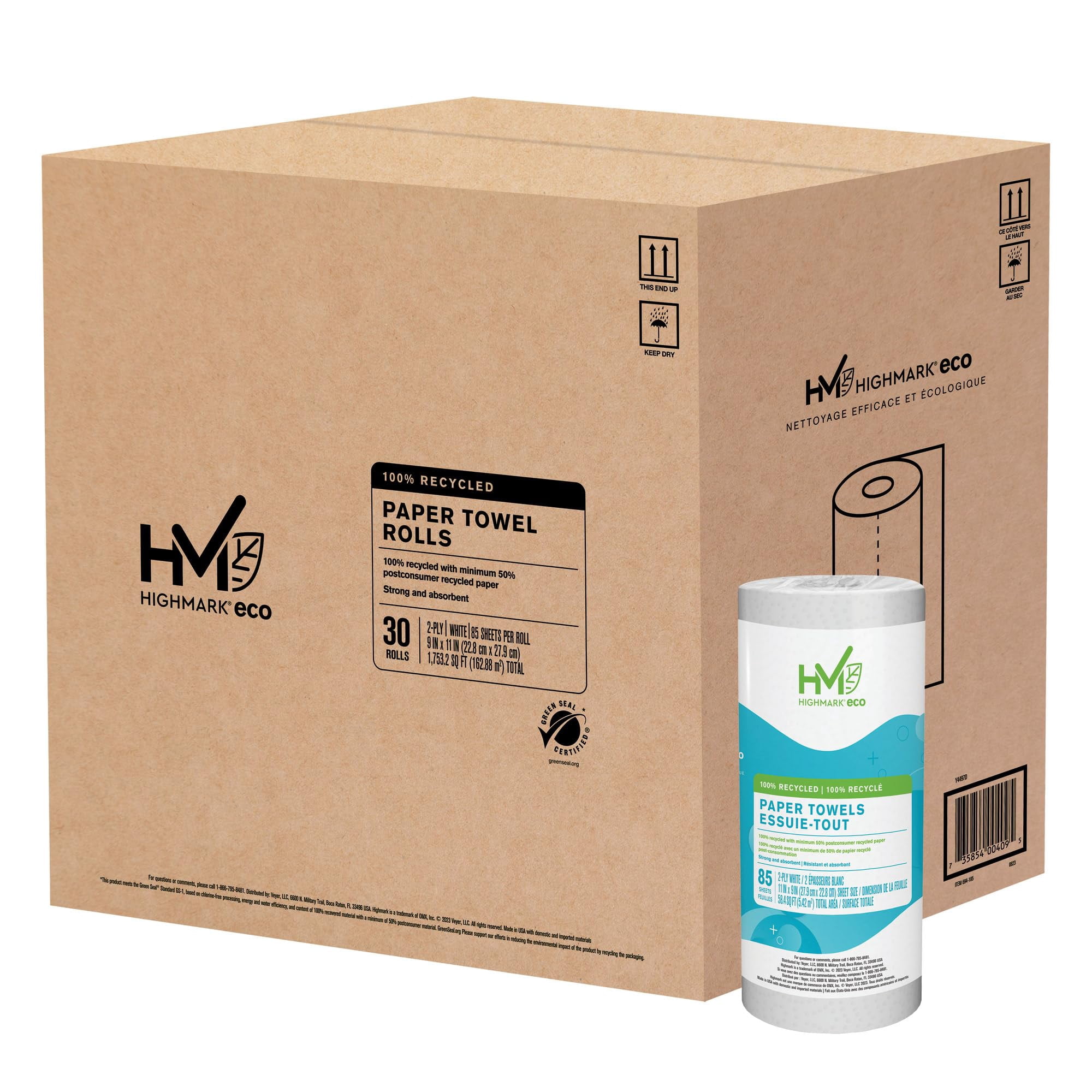 Highmark® Brand 100% Recycled 2-Ply Paper Towels, 11" x 9", 85 Sheets Per Roll, Case Of 30 Rolls
