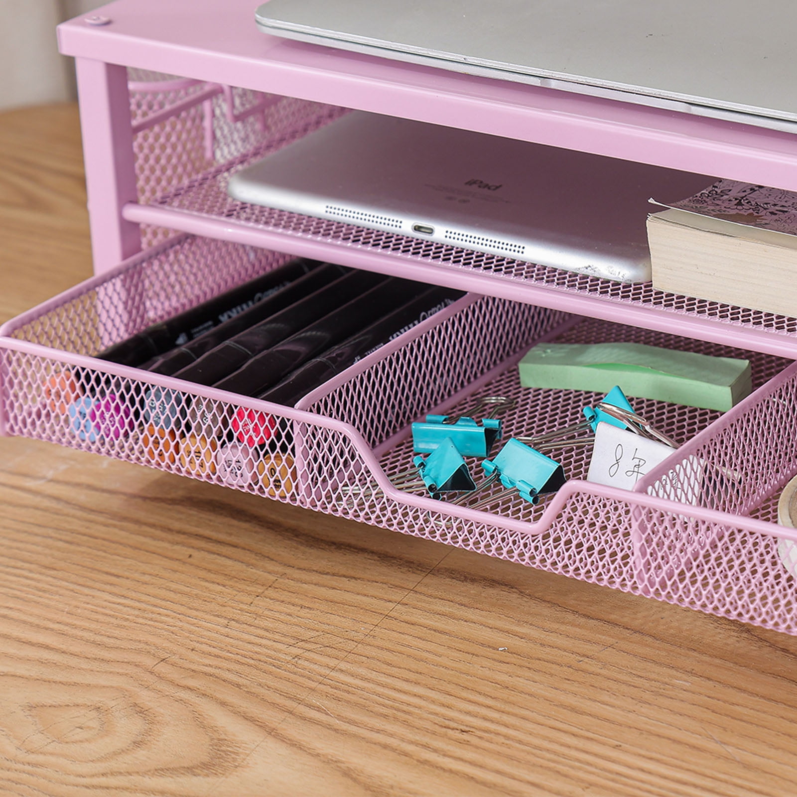 Metal Screen Stand with Ventilation Drawer and Side Storage Computer Monitor Stand Laptop Stand Desk Organiser Shelf