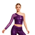 thumbnail image 7 of iiniim Girls Sparkle Sequins Ballet Dance Crop Tops Mesh Sleeve One Shoulder T-Shirt Jazz Hip Hop Dancewear Purple 12, 7 of 7