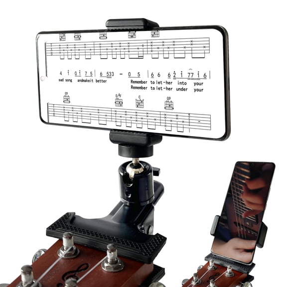 Guitar Phone Mount, 2-in-1 Bass &Guitar Headstock Phone Holder Clip with Adjustable Gooseneck,Compatible with iPhone Samsung Smartphones,Hands-Free for Recording,Practicing & Live Streaming