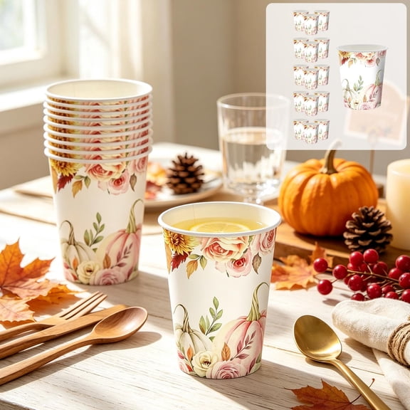 Tuvgenk Fall Pumpkin Paper Cups 16-Pack Disposable Beverage Cups for Thanksgiving and Autumn Parties