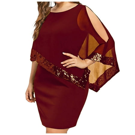 

SQUARE CARMEN Women Plus Size Cold Shoulder Overlay Asymmetric Chiffon Strapless Sequins Dress Red XXL