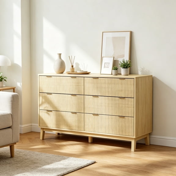6 Drawer Bedroom Dresser, Fluted Chest with Gold Pulls for Small Apartment Closet, Natural Wood