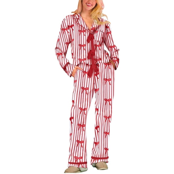 Women Silk Christmas Pajamas 2 Piece Satin Ribbon Tie Front Pjs Xmas Long Sleeve Shirt Pants Lounge Set Sleepwear Matching Family Christmas Pajamas Christmas Pjs Bow Pajamas,S Red