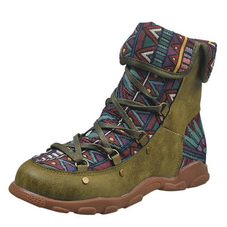 

Mackneog Casual Laceup Flat Women s Bohemian Boots Printed Folk Ankle Style Women s Ankle Boots Gift on Clearance