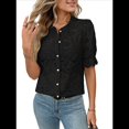 thumbnail image 2 of Womens Lace Short Puff Sleeve Casual Eyelet Crew Neck Button Down Shirts Black S, 2 of 7