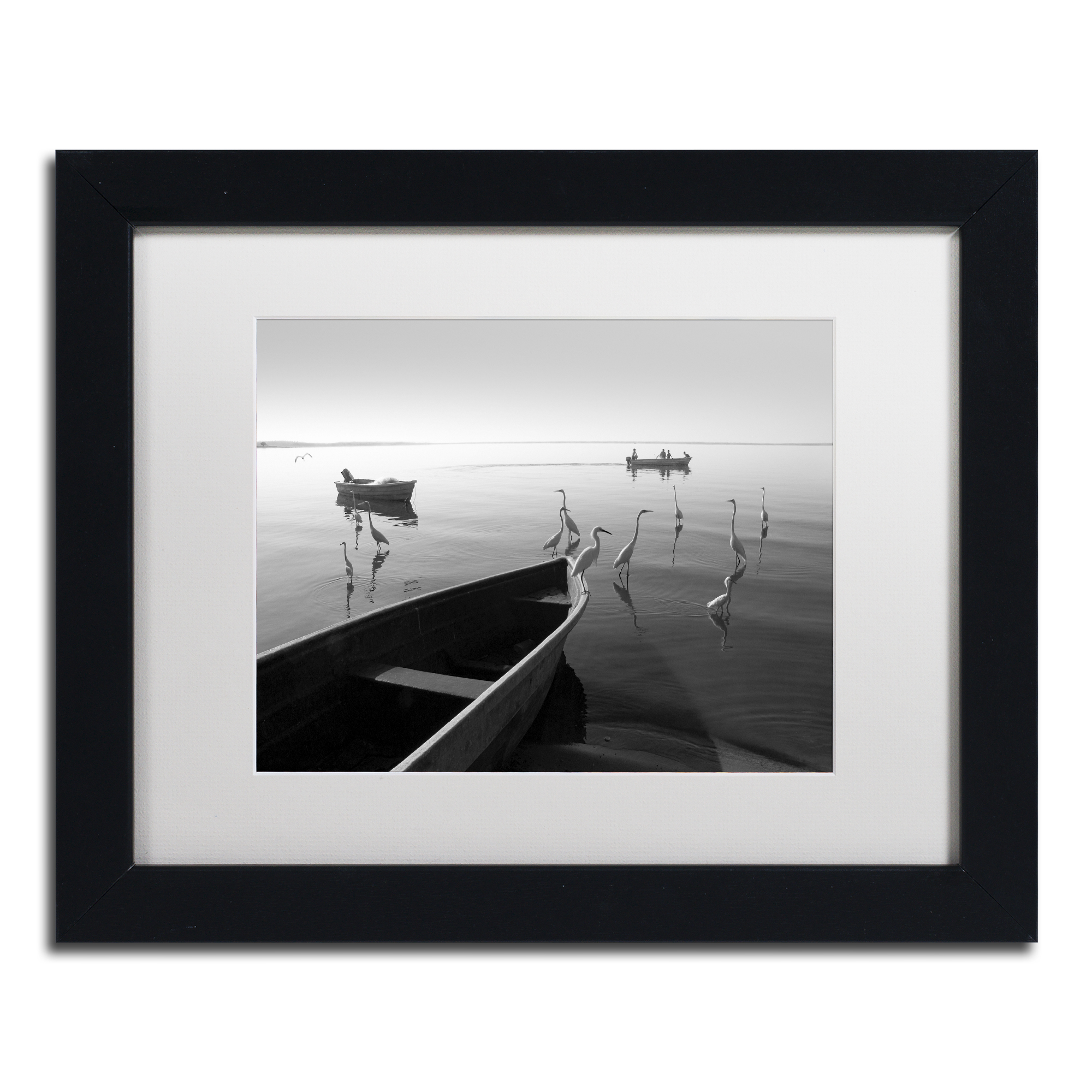 Moises Levy 'Herons and 3 Boats' Matted Framed Art