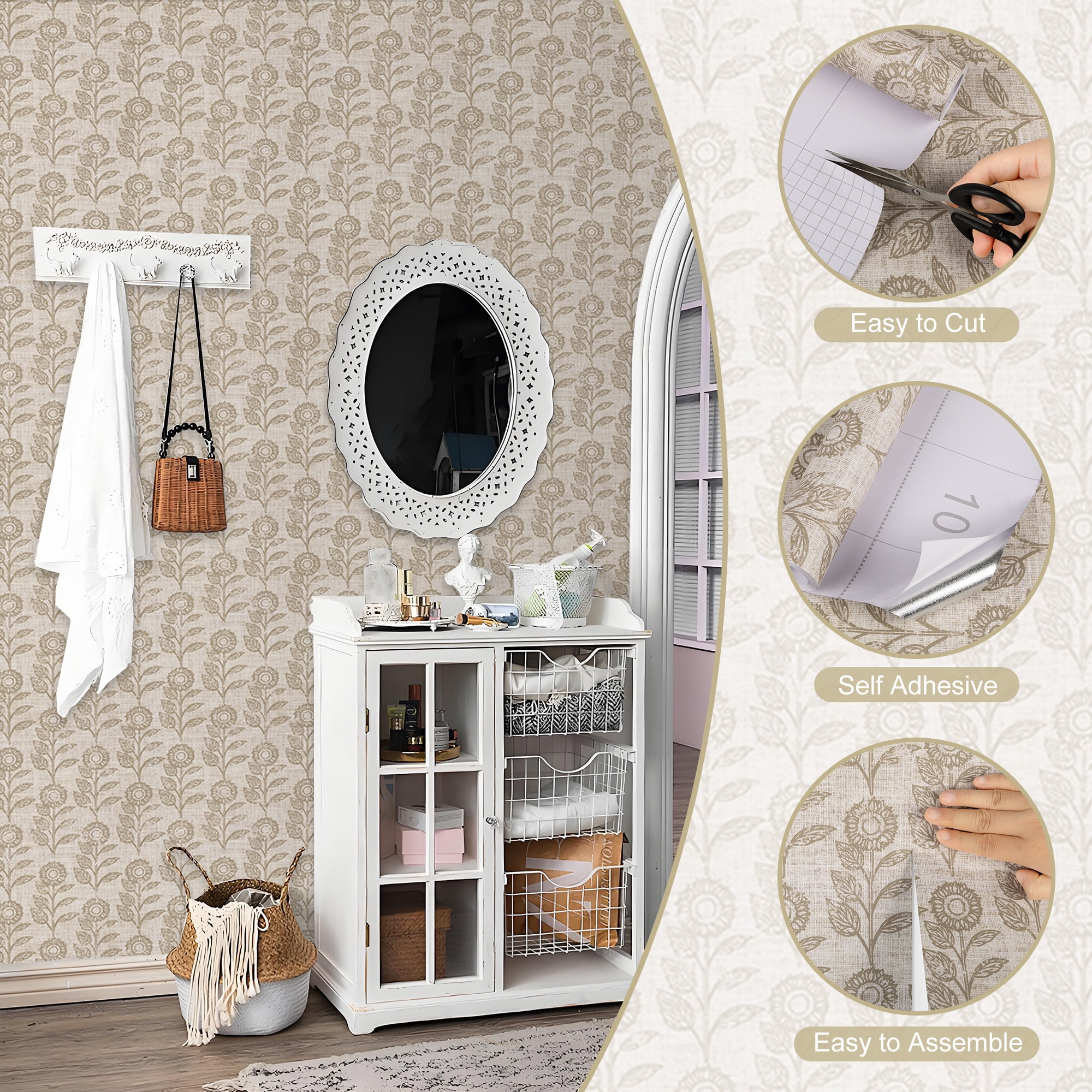 Abyssaly Wallpaper, 17.3" x 118" Linen-colored Sunflower Peel and Stick Wallpaper, Self-Adhesive Removable Contact Paper