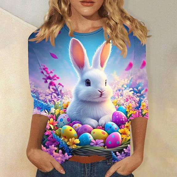 Easter Shirt for Women Bunny And Colorful Eggs Graphic T-Shirt Three Quarter Sleeve Crewneck Soft Stretchy Festival Apparel Spring Holiday Gift Top