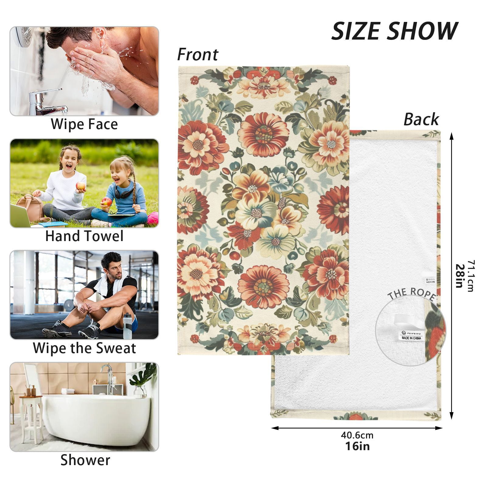 Vintage Medallion Floral Flowers Hand Towels Cotton Bath Towels Large Face Towels Absorbent for Bathroom 2 Packs