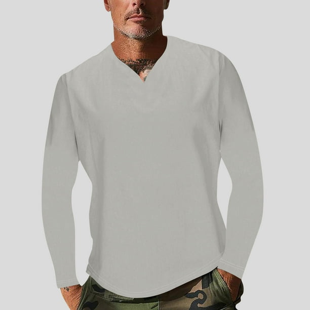 Blusas y camisas de manga larga con cuello en V para hombre, estilo casual, de color liso, con empalme, de manga larga y cuello en V, de poliéster y algodón.