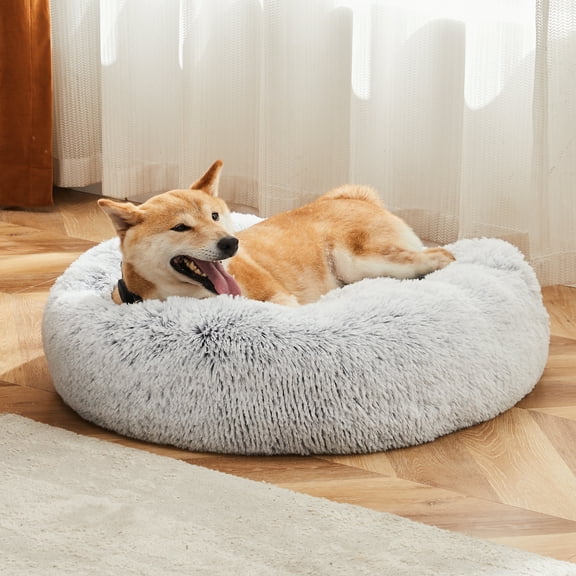 GIANNA Calming Donut Dog & Cat Bed, 20 Inches Round Fluffy Dog Beds for Medium Dogs, Anti-Anxiety Plush Dog Bed, Machine Washable Pet Bed, Gray