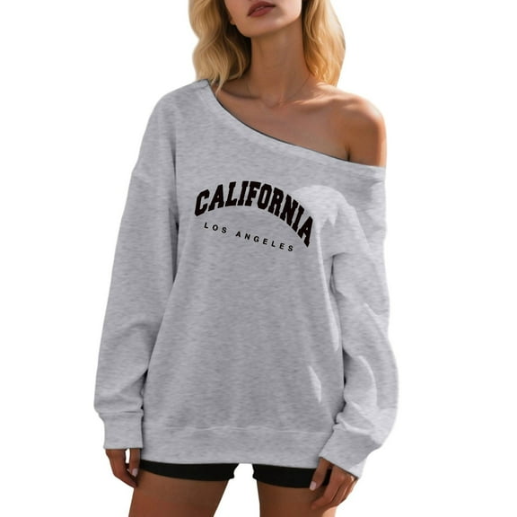 Women's Hoodless Sweatshirt Letter Print Long Sleeve Off The Shoulder Casual Pullover for Everyday Wear