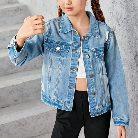 EnJoCho Girls Ripped Denim Jacket Button Down Long Sleeve Collared Jean Coat Front Pocket Retro Classic School Clothes Outerwear