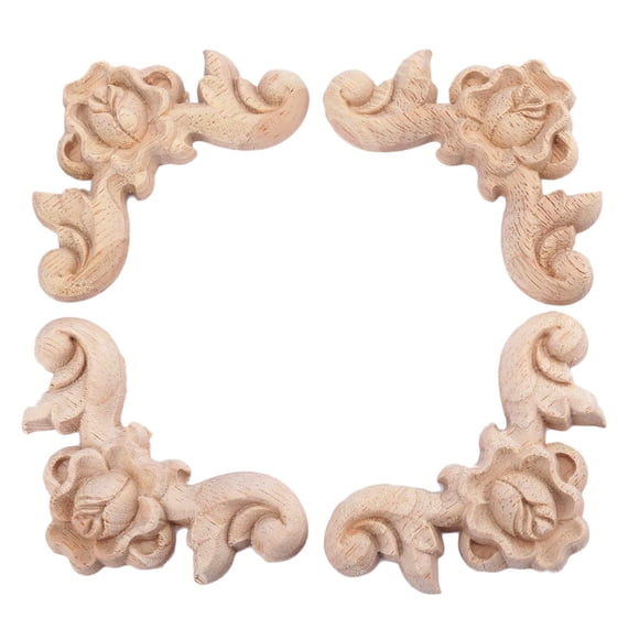 MUXSAM Appliques en Bois Sculptées Rose, Lot de 4 Autocollants Non Peints pour Armoire Tiroir Mur Tête de Lit Commode Miroir Banc Placard etc Décoration de Meubles (6x6cm/2.36"x2.36 Pouces)