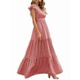 thumbnail image 3 of Robe d'Été pour Femme à Col en V, Manches Courtes à Revers, Taille Haute, Florale, à Volants Superposés, Ligne A, Longue Maxi, Rouge, G, 3 of 8