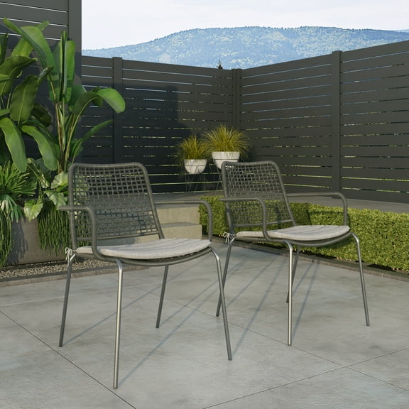 Amazonia Le Mans 2-Piece Chair Set | High-Quality Steel with a Rope Seat | Ideal for Outdoors and Indoors, Grey Cushions