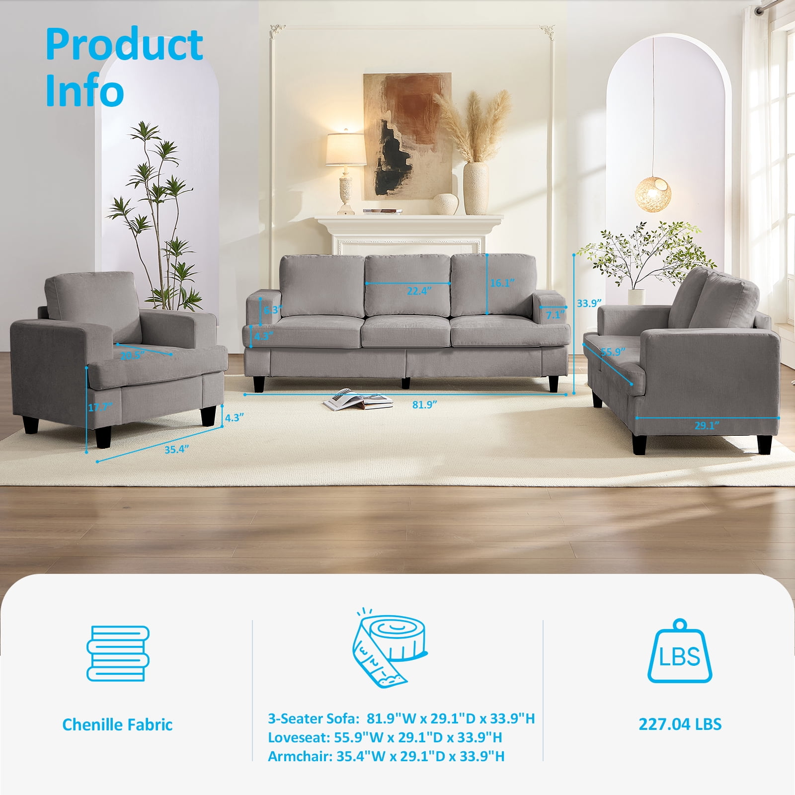 Puremind 3 Piece Living Room Furniture Sets, Sofa and Loveseat Set with Armchair, Chenille Sectional Couches and Sofas Sets for Apartment/Small Spaces, Light Gray