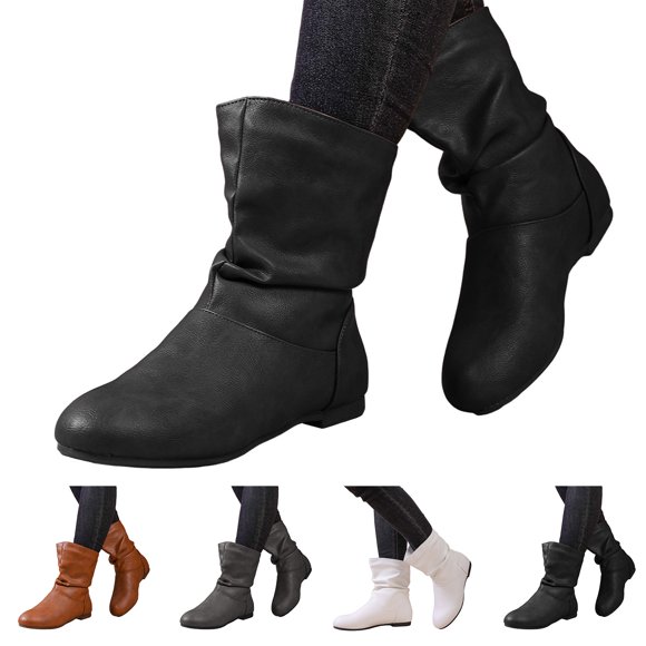 Pandaie Women's Slouch Ankle Flat Boots Fashion Wide Calf Low Heel Short Booties Comfortable Leather Slip on Winter Riding Shoes Black 9.5