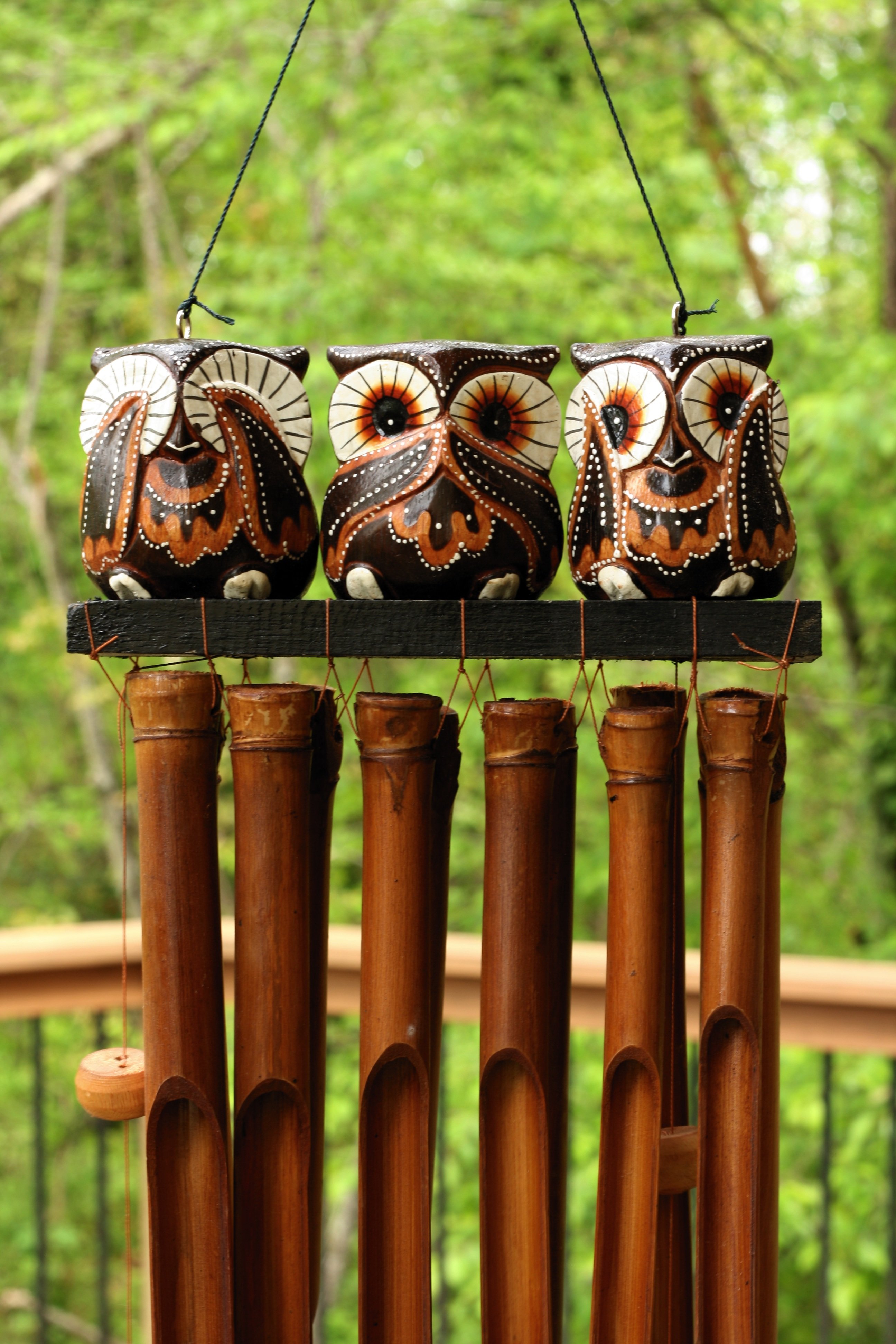 Handmade Wooden See Hear Speak No Evil Owl Bamboo Wind Chime Wood Statue Figurine Hoot Sculpture Patio Garden Outdoor Decor Handcrafted Decoration