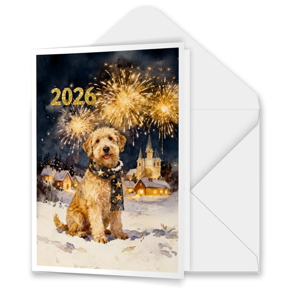 Soft Coated Wheaten Terrier Happy New Year 2026 with Fireworks on New Year's Eve 5x7in Folded Greeting Card Wheatie Dog Lover Single Note Card with Envelope - 12022