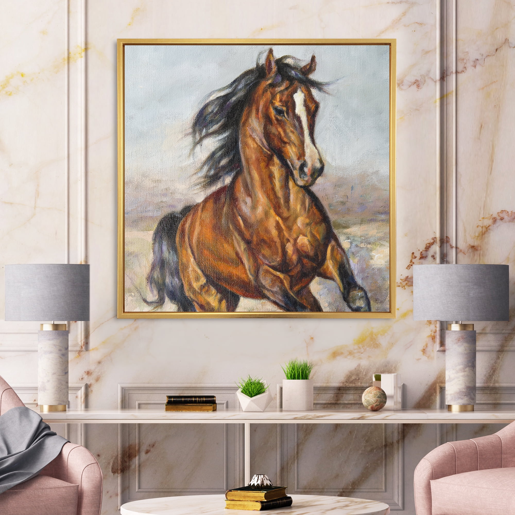 Designart 'Close Up Portrait Of A Horse In The Race' Farmhouse Framed Canvas Wall Art Print