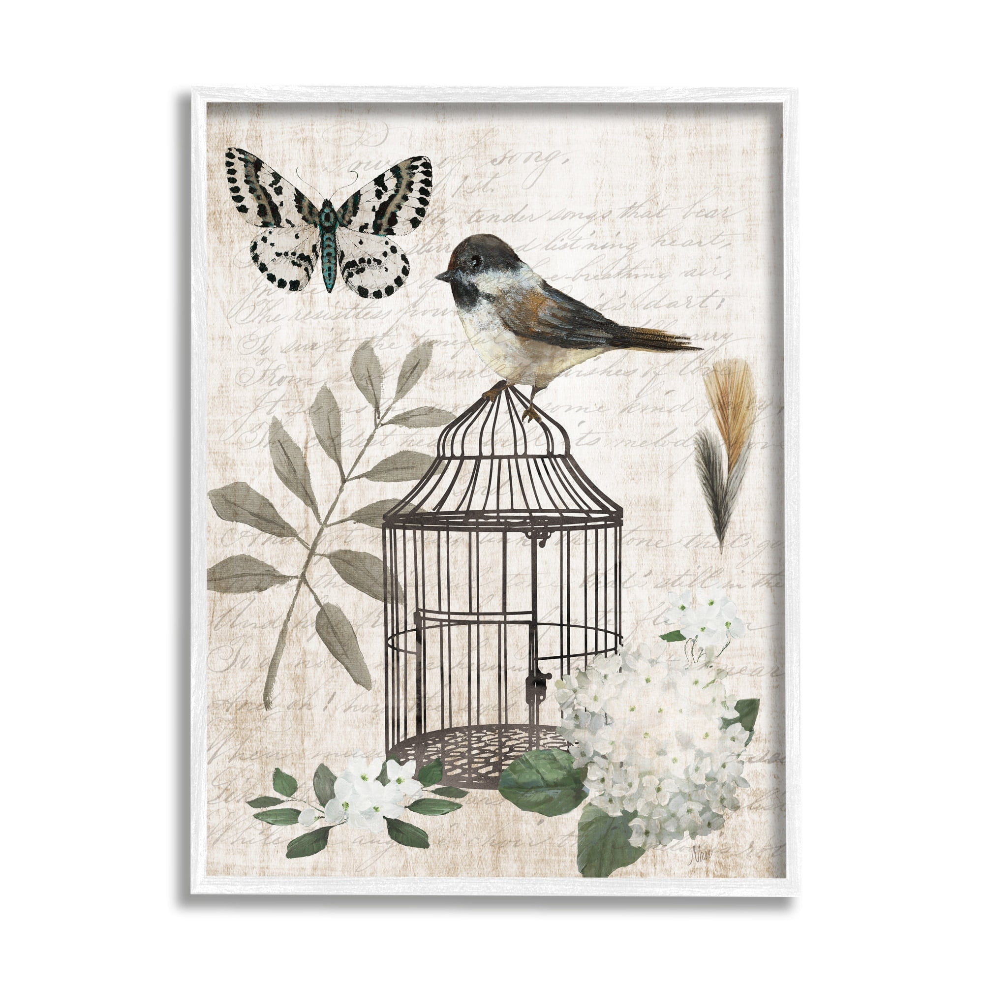 Stupell Industries Botanical Bird Cage Vintage Words Butterfly Motif Graphic Art White Framed Art Print Wall Art, Design by Nan