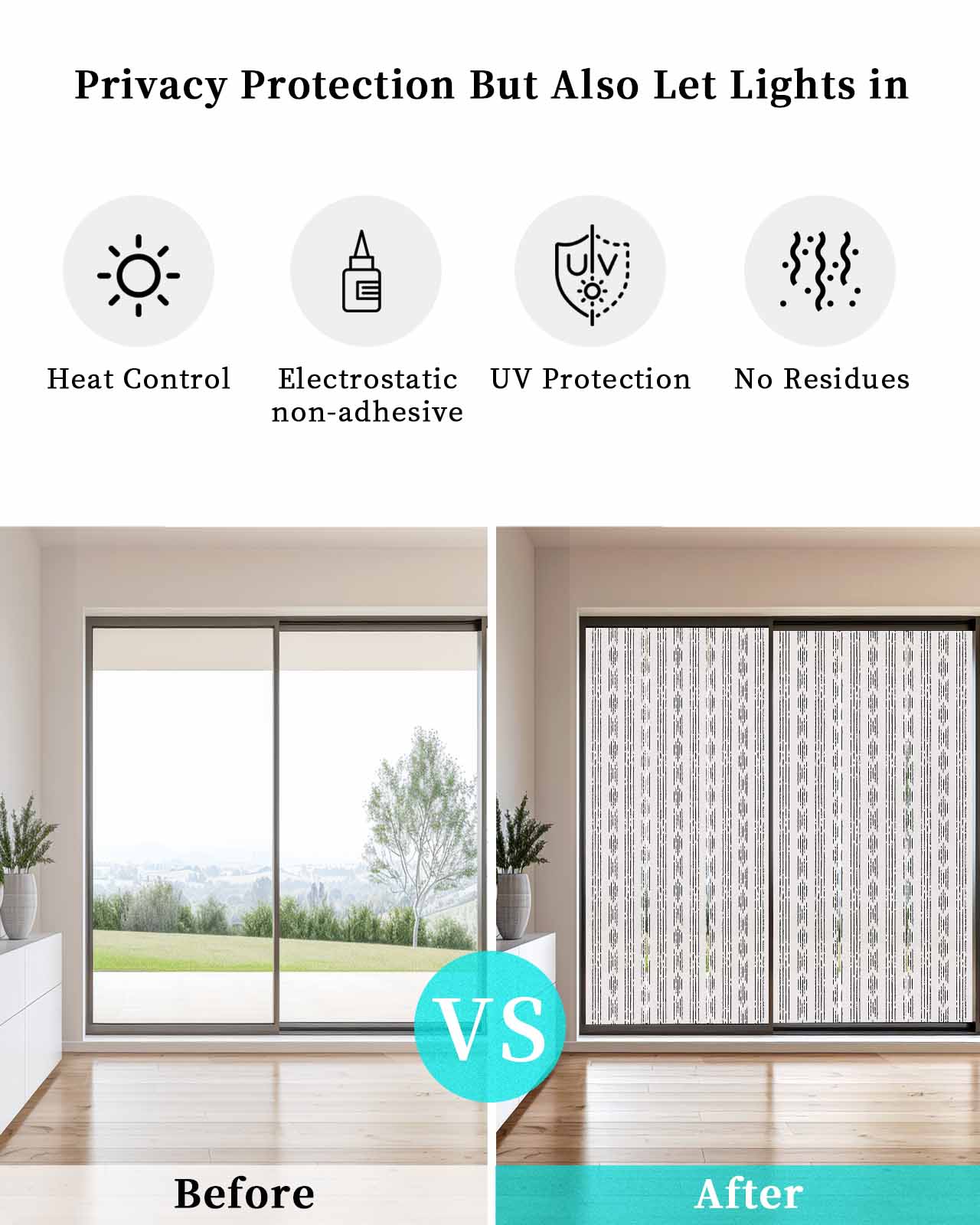 Window Privacy Film, Boho Black Stripes UV Sun Blocking Window Tint Film Heat Control One Way Blackout Window Film, Modern Bohemian Grey Art Texture Non Adhesive Static Cling Sticker 35.4x78.7 In