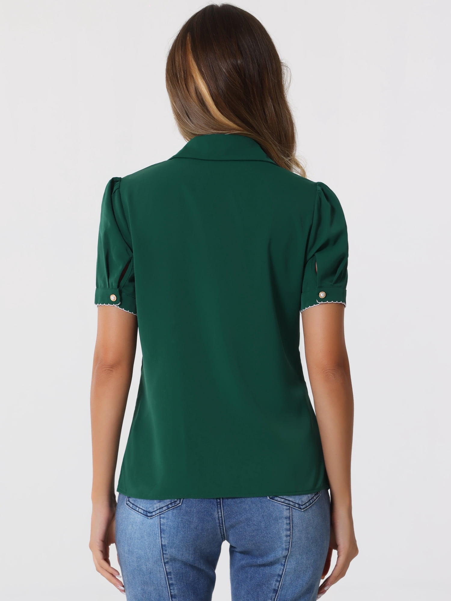 DARING DIVA Women's Button Down Collared Contrast Trim Puff Sleeve Blouse L Dark Green