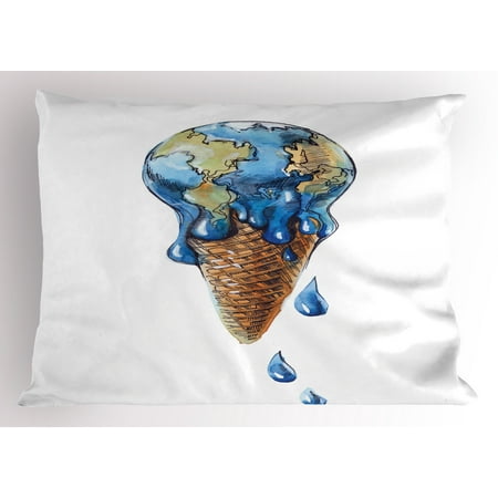 Ice Cream Pillow Sham Ice Cream with Globe Planet Earth Flavor Ecological Graphic Print, Decorative Standard Size Printed Pillowcase, 26 X 20 Inches, Pale Caramel Violet Blue, by