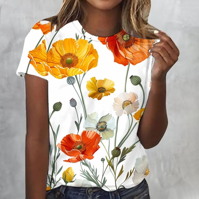 Fiudx Ofertas y Liquidaciones Blusas Informales de Manga Corta con Cuello Redondo y Estampado a La Moda para Mujer