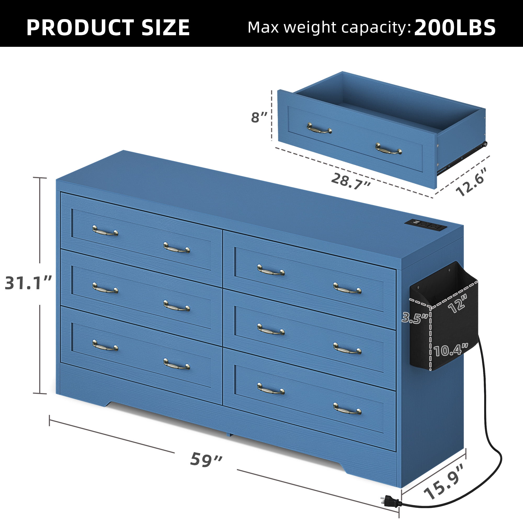 Dextrus 6 Drawer Dresser with Handles & Power Outlets, Wood Storage Cabinet Chest of Drawers, Blue