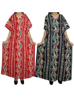 Mogul Bohemian Boho Chic Women's 2PC Cotton Maxi Caftan Printed Kimono Sleeves V Neckline Sleepwear Resort Wear Long Dress 4X
