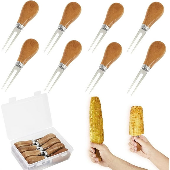 GIXUSIL Corn Cob Holders Wooden Handle for Hand Grip, 8Pcs /4 Pairs Stainless Steel Forks Good Grips Corn Pick Set Hot Dog Fruit Forks, for BBQ Grill Camping Barbecue Parties