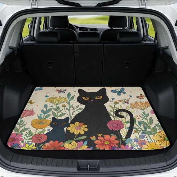 Bulopur Black Cat Car Trunk Mat 29" x 39", Vintage Colorful Flower Butterfly Cat Cargo Liner, Waterproof Non-Slip Rear Cargo Mat for Cat Lovers
