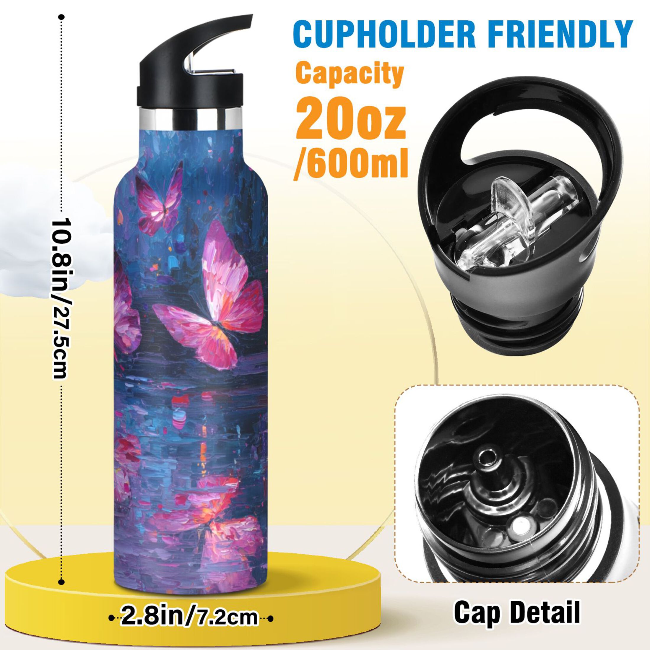 Kids Insulated Stainless Steel Sports Water Bottle 600ml (20oz) Night Scene and Butterflies